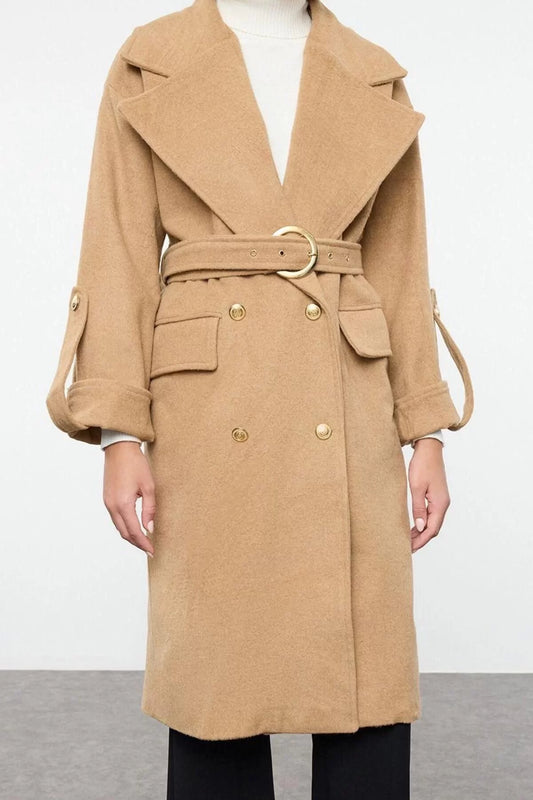 Women Fashion Stylish Regular Jacket Collar Midi Plain Lined Belted Foldable Sleeves Woolen Trench Coat