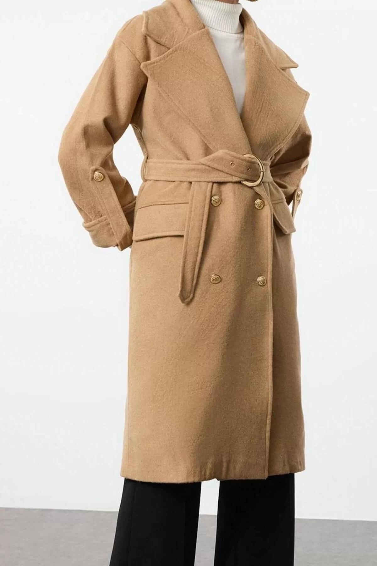 Women Fashion Stylish Regular Jacket Collar Midi Plain Lined Belted Foldable Sleeves Woolen Trench Coat