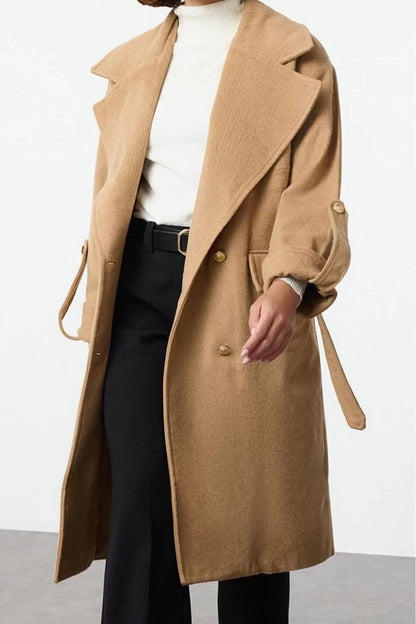 Women Fashion Stylish Regular Jacket Collar Midi Plain Lined Belted Foldable Sleeves Woolen Trench Coat