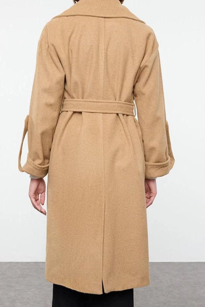 Women Fashion Stylish Regular Jacket Collar Midi Plain Lined Belted Foldable Sleeves Woolen Trench Coat