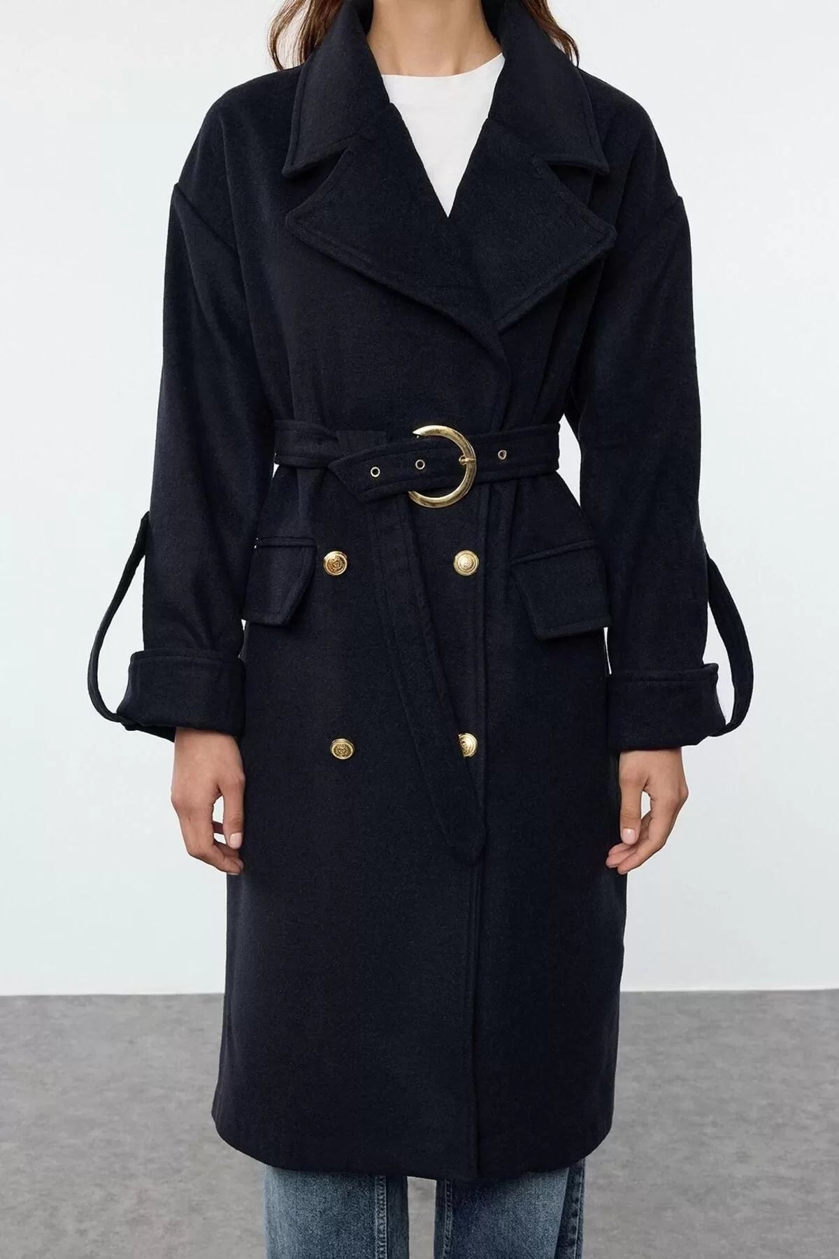 Women Fashion Stylish Regular Jacket Collar Midi Plain Lined Belted Foldable Sleeves Woolen Trench Coat