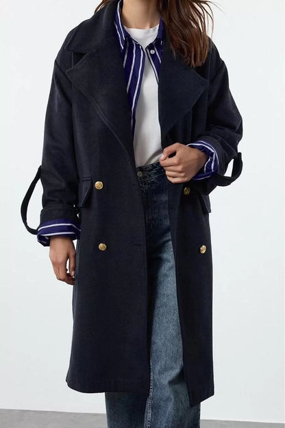 Women Fashion Stylish Regular Jacket Collar Midi Plain Lined Belted Foldable Sleeves Woolen Trench Coat