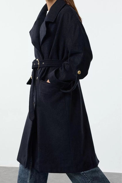 Women Fashion Stylish Regular Jacket Collar Midi Plain Lined Belted Foldable Sleeves Woolen Trench Coat