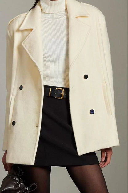 Women's Fashion Stylish Regular Jacket Collar Standard Plain Lined Stitching Detailed Waisted Wool Coat