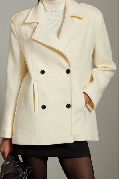 Women's Fashion Stylish Regular Jacket Collar Standard Plain Lined Stitching Detailed Waisted Wool Coat