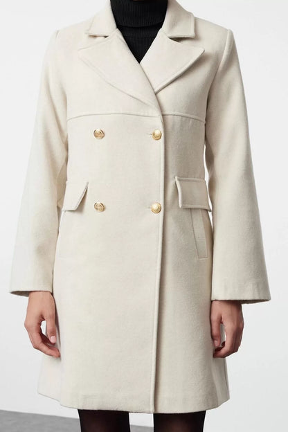 Women Fashion Stylish Regular Jacket Collar Short Plain Lined Stitching Detailed Regular Woolen Midi Coat