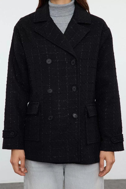 Women's Fashion Stylish Regular Jacket Collar Standard Patterned Lined Tweed Detailed Seasonal Midi Coat