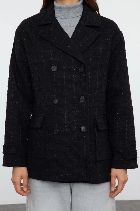 Women's Fashion Stylish Regular Jacket Collar Standard Patterned Lined Tweed Detailed Seasonal Midi Coat