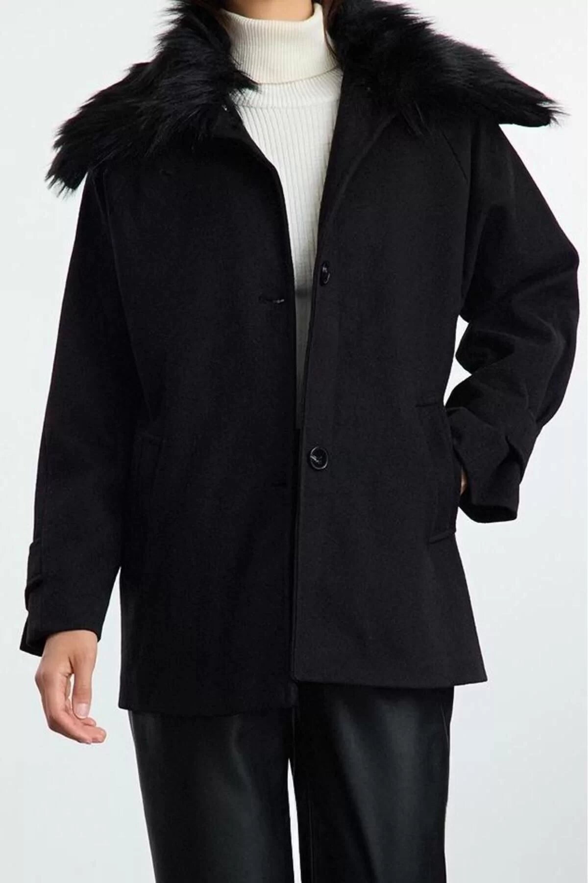 Women's Fashion Regular Classic Collar Standard Plain Lined Detachable Collar Fur Detailed Midi Wool Coat