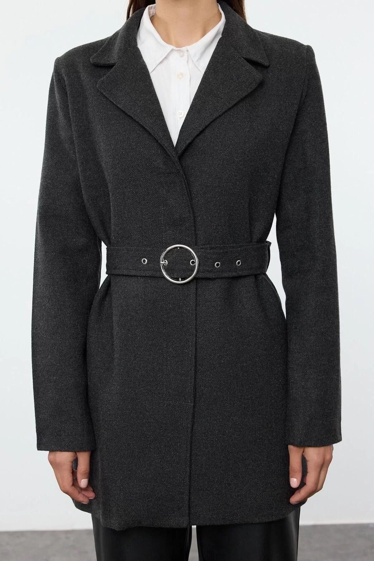 Women Fashion Stylish Plus Size Jacket Collar Standard Plain Lined Fitted Belted Woolen Midi Coat