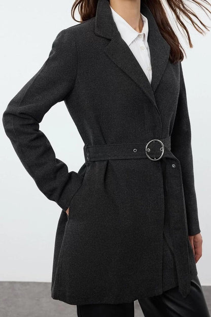 Women Fashion Stylish Plus Size Jacket Collar Standard Plain Lined Fitted Belted Woolen Midi Coat