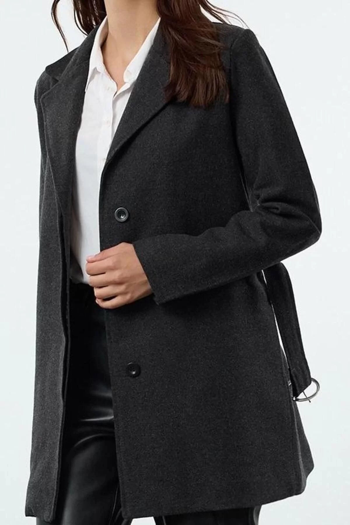 Women Fashion Stylish Plus Size Jacket Collar Standard Plain Lined Fitted Belted Woolen Midi Coat