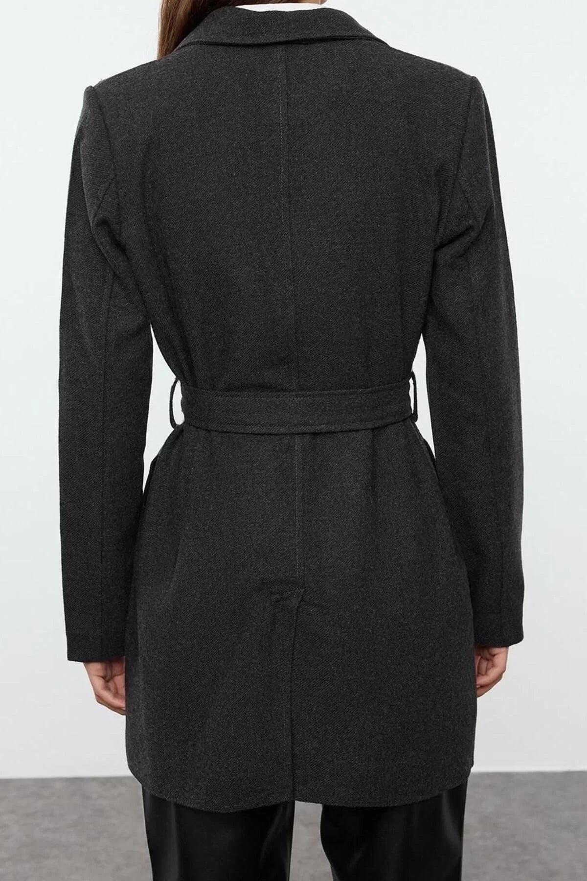 Women Fashion Stylish Plus Size Jacket Collar Standard Plain Lined Fitted Belted Woolen Midi Coat