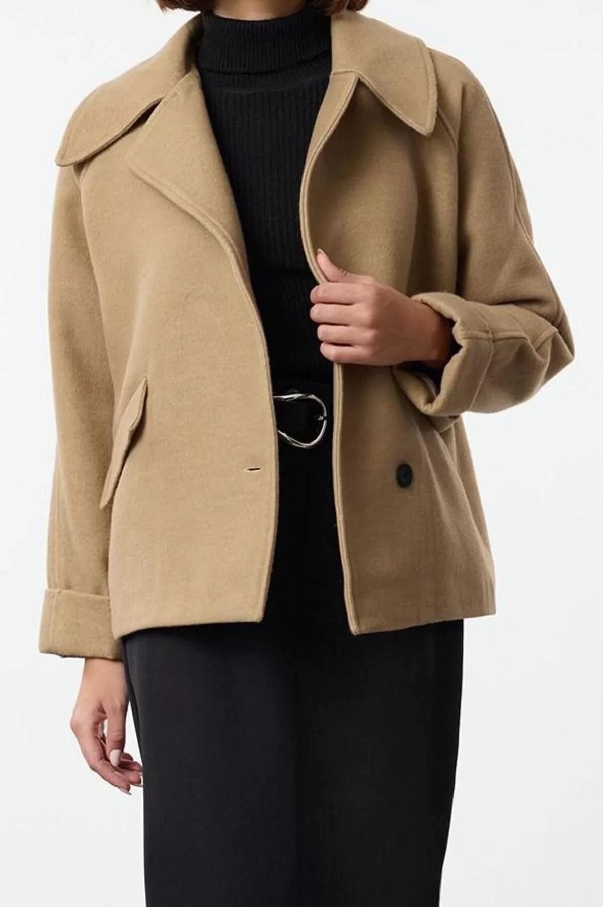 Women Fashion Stylish Regular Jacket Collar Standard Plain Lined Regular Short Wool Coat