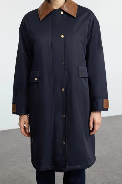 Women Fashion Stylish Oversize Stand Collar Long Plain Lined Oversize Trench Coat with Leather Detail on Collar