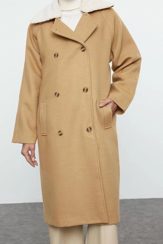 Women Fashion Stylish Regular Jacket Collar Long Plain Lined Regular Collar Plush Detailed Wool Coat