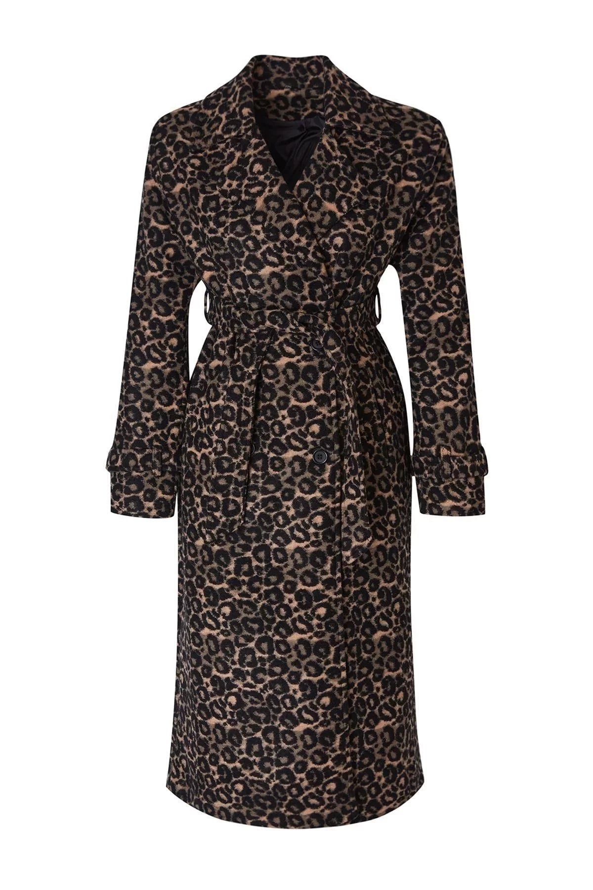 Women Fashion Stylish Regular Jacket Collar Long Lined Leopard Patterned Wool Long Coat