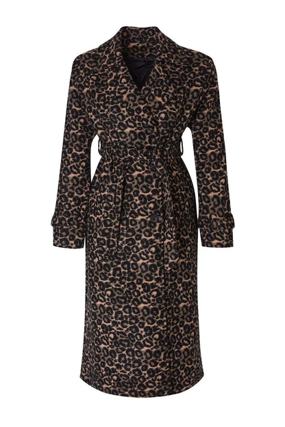 Women Fashion Stylish Regular Jacket Collar Long Lined Leopard Patterned Wool Long Coat