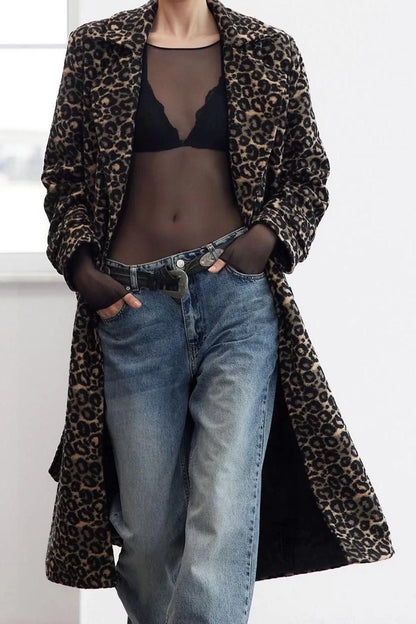 Women Fashion Stylish Regular Jacket Collar Long Lined Leopard Patterned Wool Long Coat