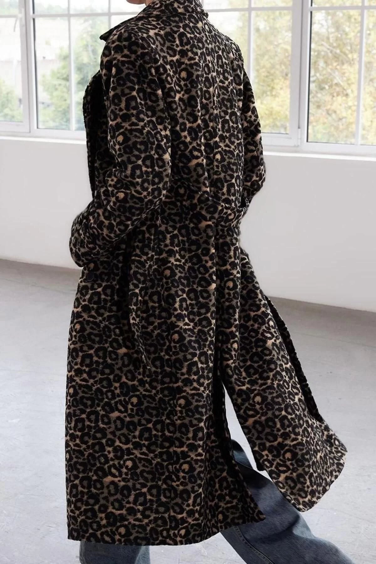 Women Fashion Stylish Regular Jacket Collar Long Lined Leopard Patterned Wool Long Coat