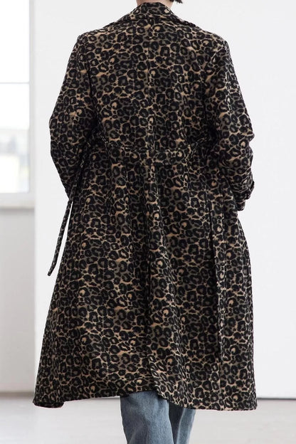 Women Fashion Stylish Regular Jacket Collar Long Lined Leopard Patterned Wool Long Coat