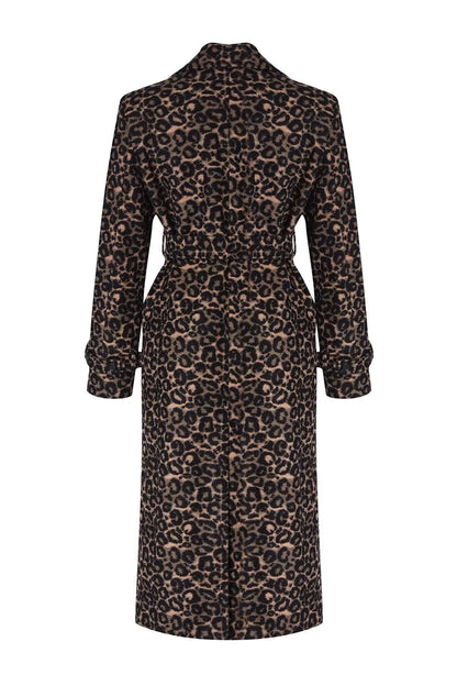 Women Fashion Stylish Regular Jacket Collar Long Lined Leopard Patterned Wool Long Coat