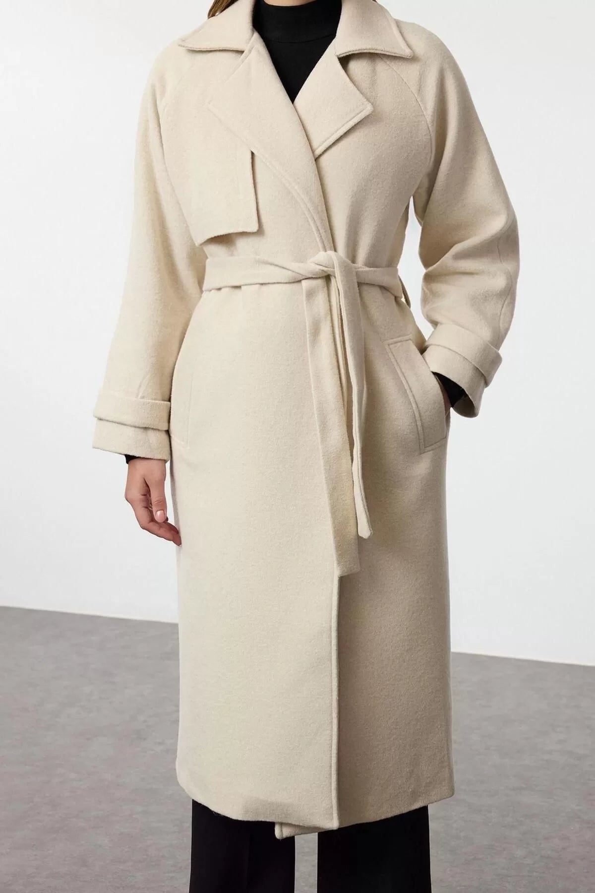 Women Fashion Stylish Loose Jacket Collar Long Plain Lined Oversize Woolen Trench Coat