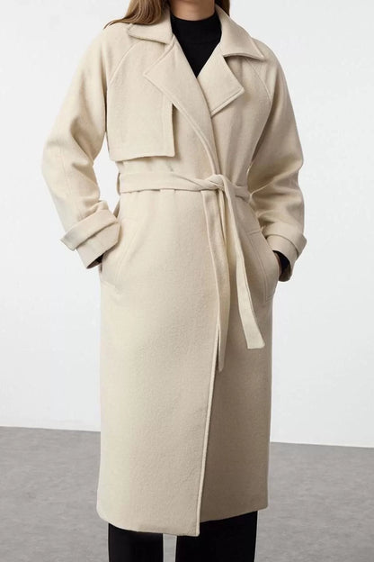 Women Fashion Stylish Loose Jacket Collar Long Plain Lined Oversize Woolen Trench Coat