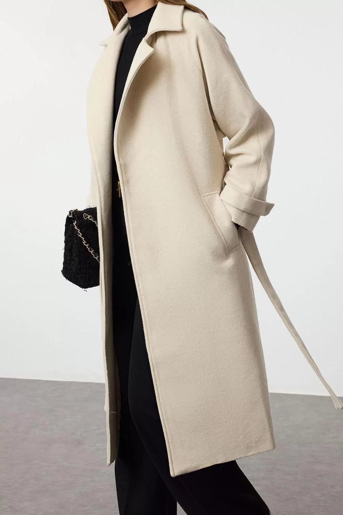 Women Fashion Stylish Loose Jacket Collar Long Plain Lined Oversize Woolen Trench Coat