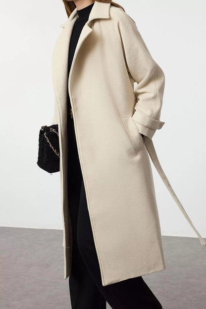 Women Fashion Stylish Loose Jacket Collar Long Plain Lined Oversize Woolen Trench Coat