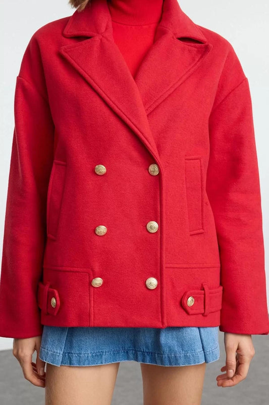 Women's Fashion Stylish Regular Jacket Collar Short Plain Lined Regular Button Detail Soft Textured Short Coat