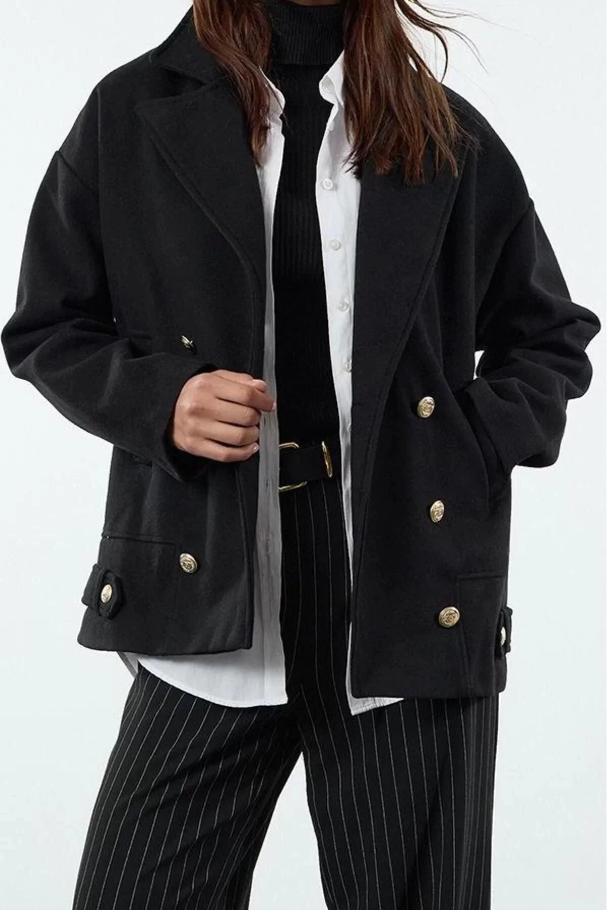 Women's Fashion Stylish Regular Jacket Collar Short Plain Lined Regular Button Detail Soft Textured Short Coat