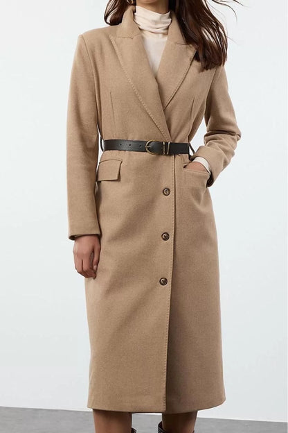 Women's Fashion Stylish Regular Jacket Collar Long Plain Lined Belted Stitching Detailed Soft Textured Long Coat