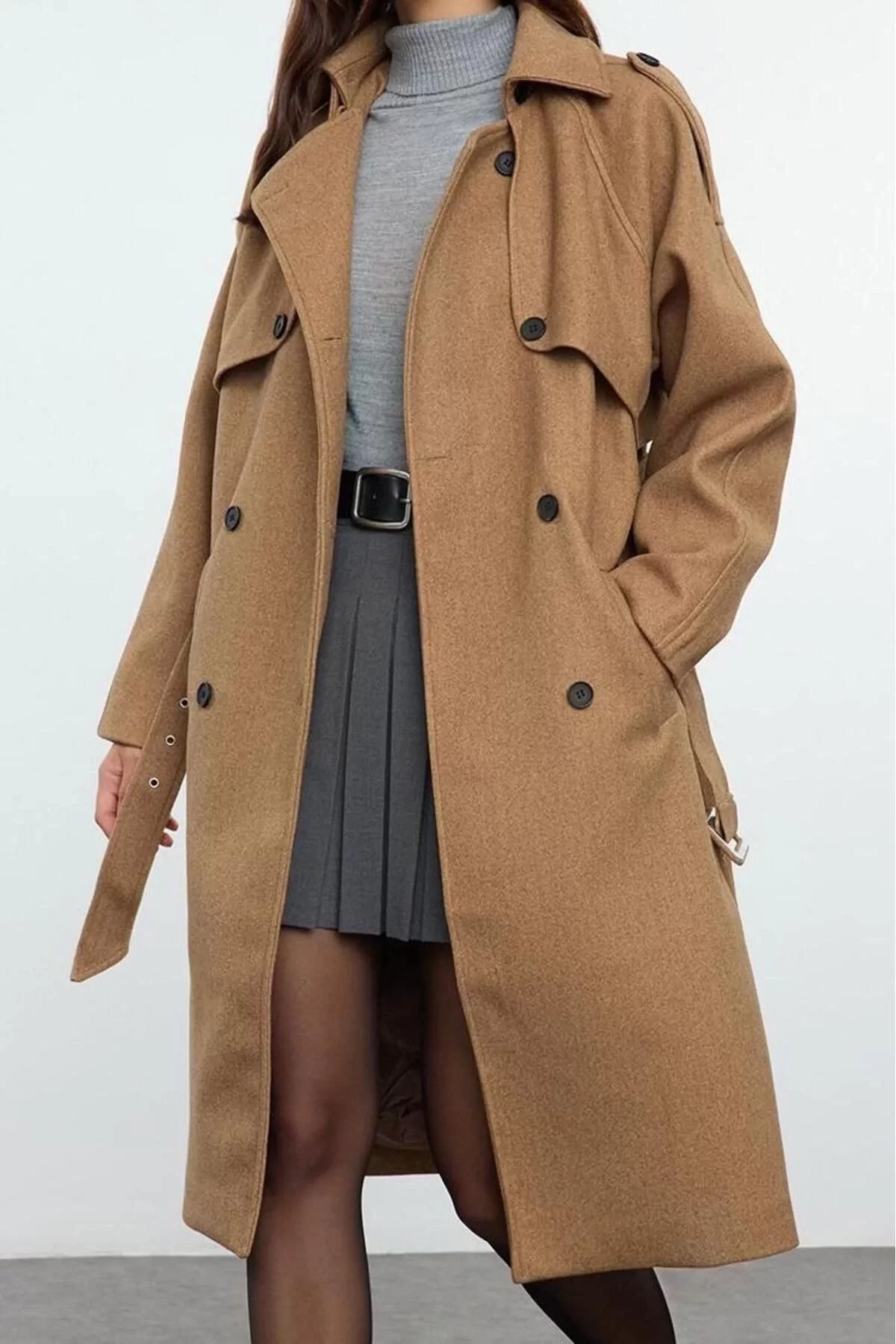 Women Fashion Stylish Regular Jacket Collar Long Plain Lined Windbreaker Detail Belted Long Trench Coat