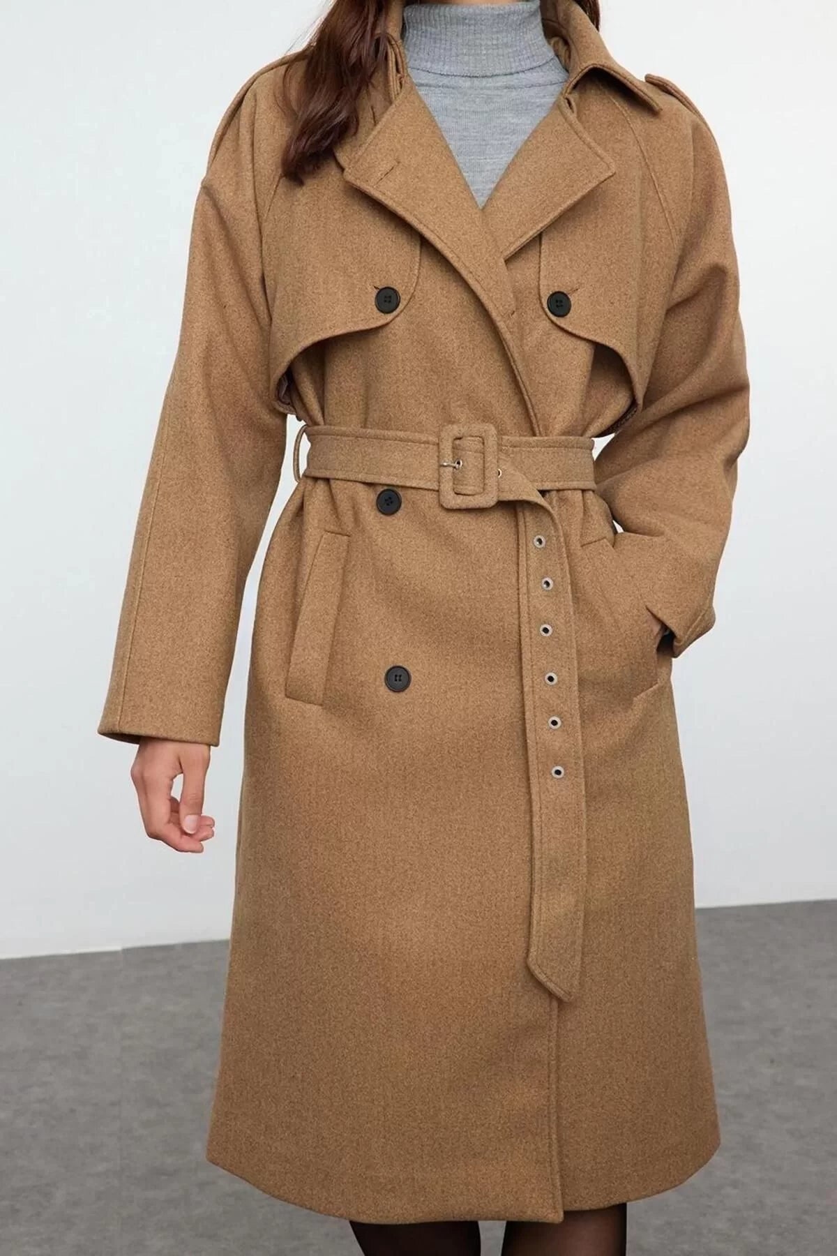 Women Fashion Stylish Regular Jacket Collar Long Plain Lined Windbreaker Detail Belted Long Trench Coat