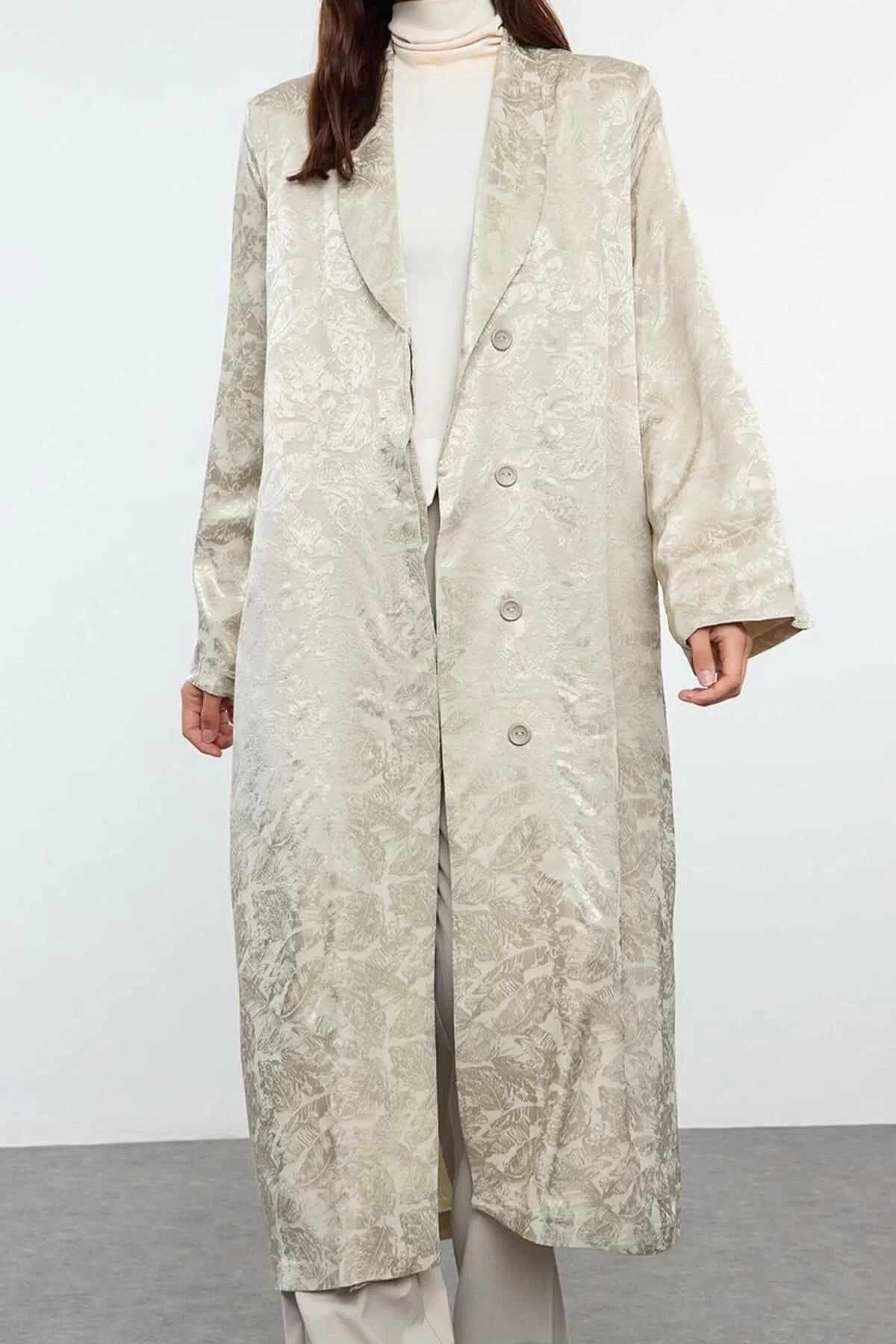 Women Fashion Stylish Regular Jacket Collar Long Patterned Lined Jacquard Patterned Thin Unlined Long Overcoat