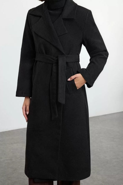 Women Fashion Stylish Regular Jacket Collar Long Plain Lined Belted Woolen Long Overcoat Form Lined Coat