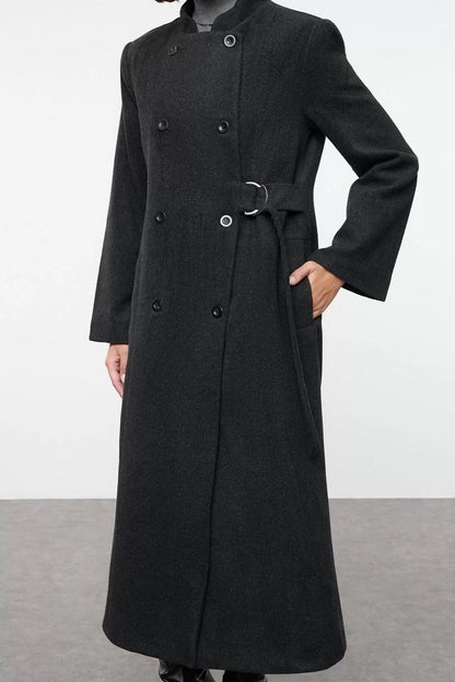 Women's Fashion Regular Judge Collar Long Plain Lined Belted Double Breasted Woolen Overcoat Form Lined Coat