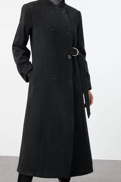 Women's Fashion Regular Judge Collar Long Plain Lined Belted Double Breasted Woolen Overcoat Form Lined Coat