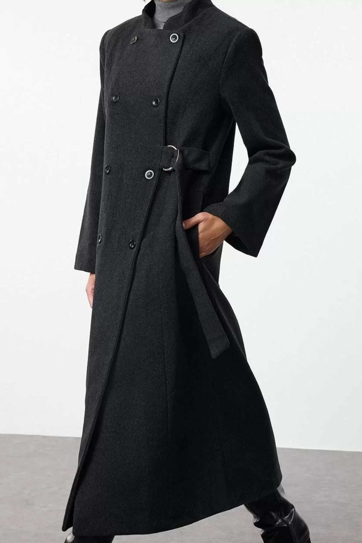 Women's Fashion Regular Judge Collar Long Plain Lined Belted Double Breasted Woolen Overcoat Form Lined Coat