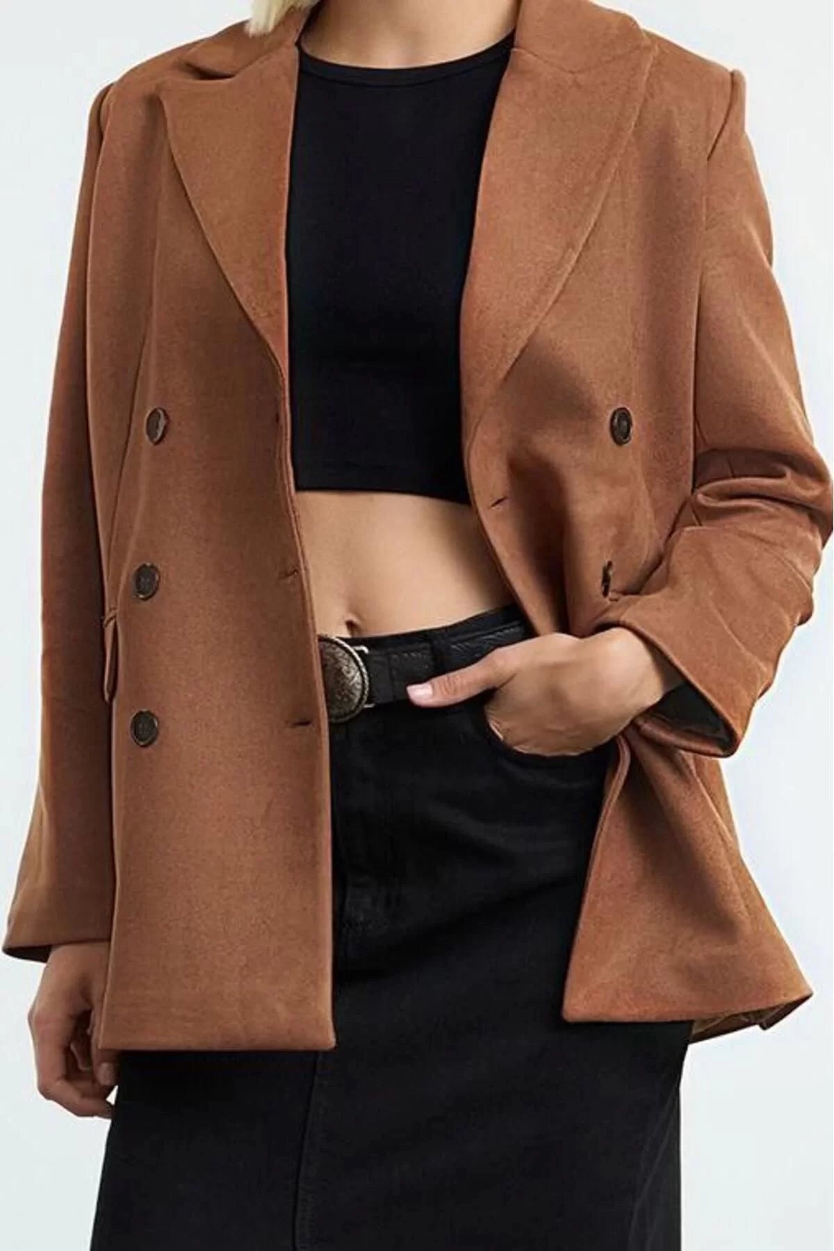 Women Fashion Stylish Regular Jacket Collar Standard Plain Lined Faux Suede Regular Midi Jacket Coat