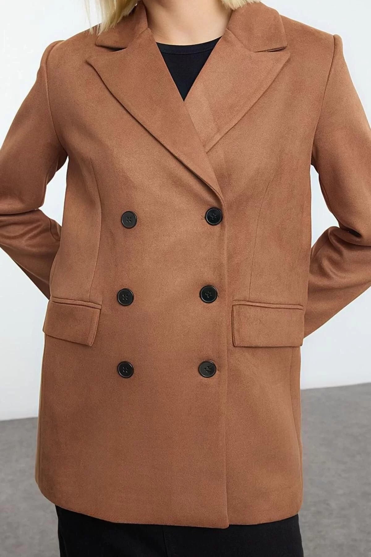 Women Fashion Stylish Regular Jacket Collar Standard Plain Lined Faux Suede Regular Midi Jacket Coat