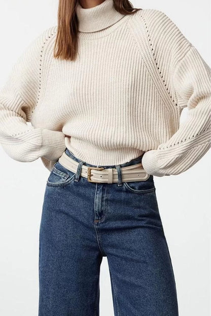 Women Fashion Stylish Turtleneck Raglan Sleeve Crop Knitwear Sweater