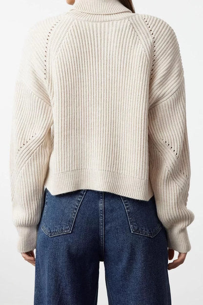 Women Fashion Stylish Turtleneck Raglan Sleeve Crop Knitwear Sweater