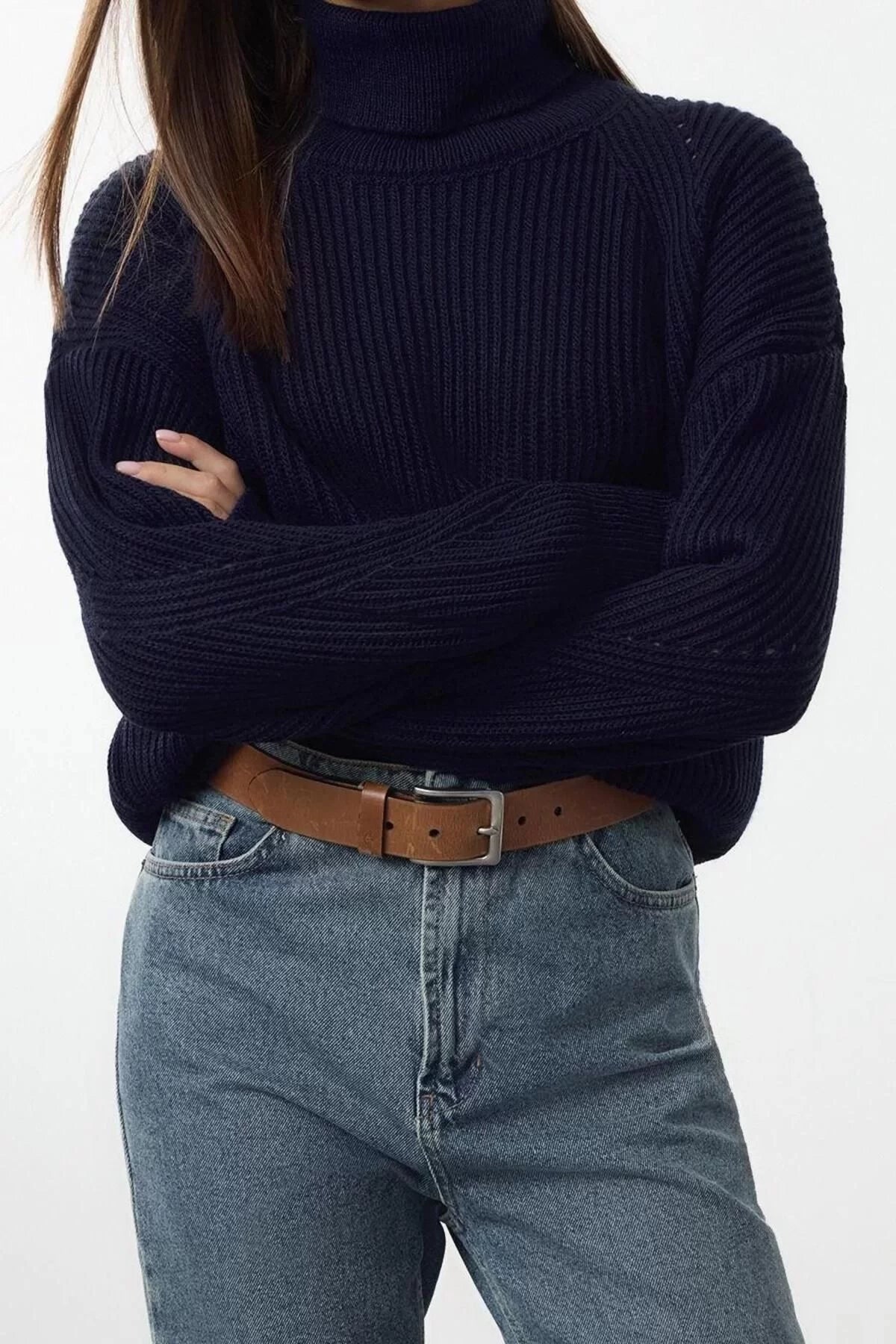 Women Fashion Stylish Turtleneck Raglan Sleeve Crop Knitwear Sweater