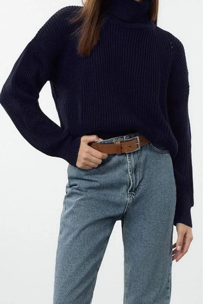 Women Fashion Stylish Turtleneck Raglan Sleeve Crop Knitwear Sweater