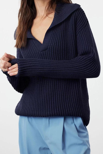 Women Fashion Stylish Turn-down Collar Low Sleeve Regular Basic Knitwear Sweater