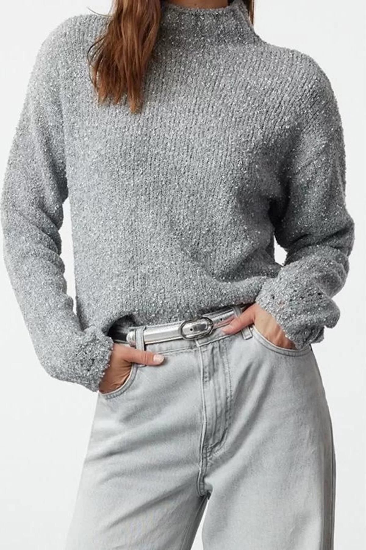 Women Fashion Stylish Stand Collar Standard Sleeve Regular Soft Texture Cotton Knitwear Sweater