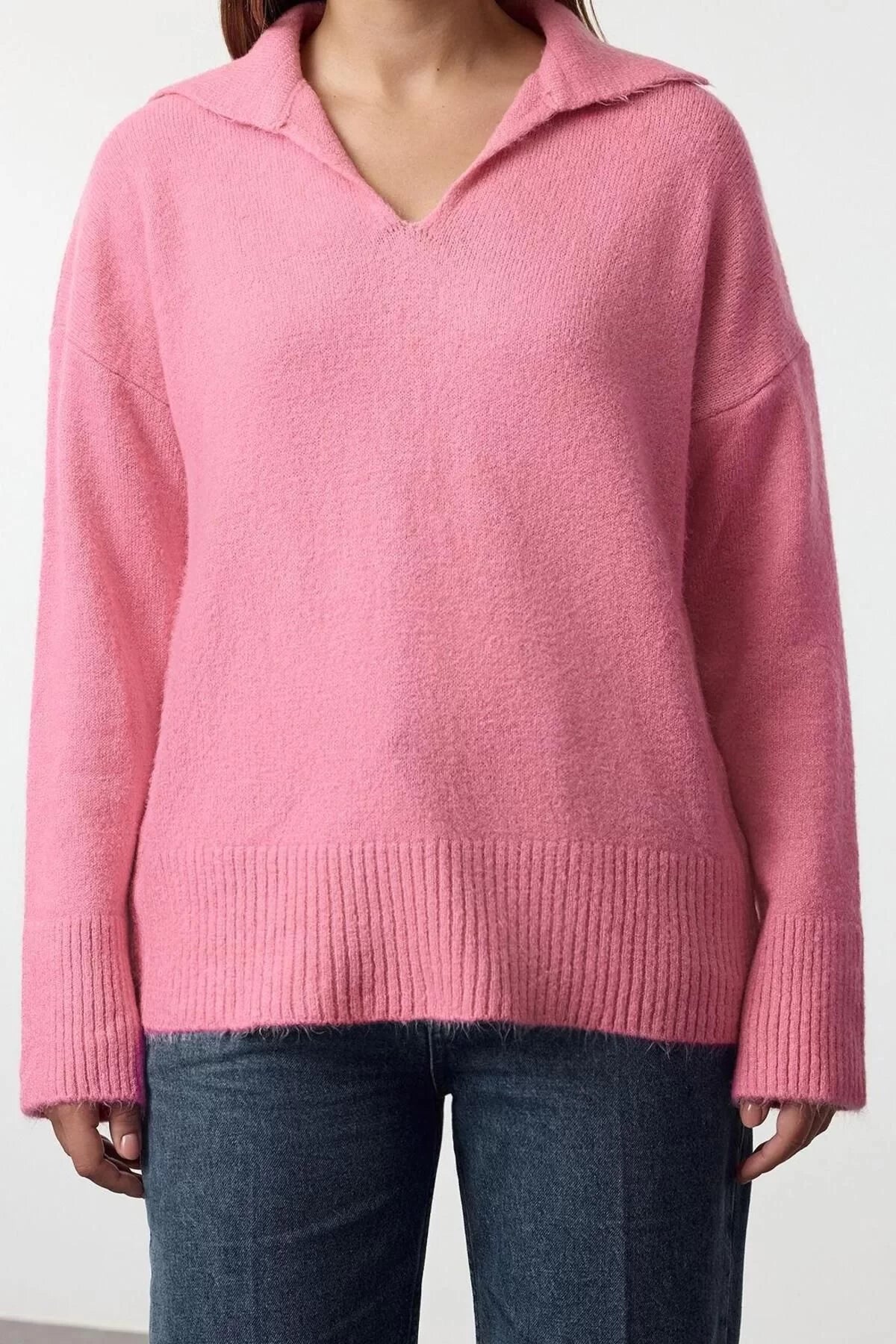 Women Fashion Stylish Polo Neck Low Sleeve Regular Woolen Wide Cut Basic Knitwear Sweater