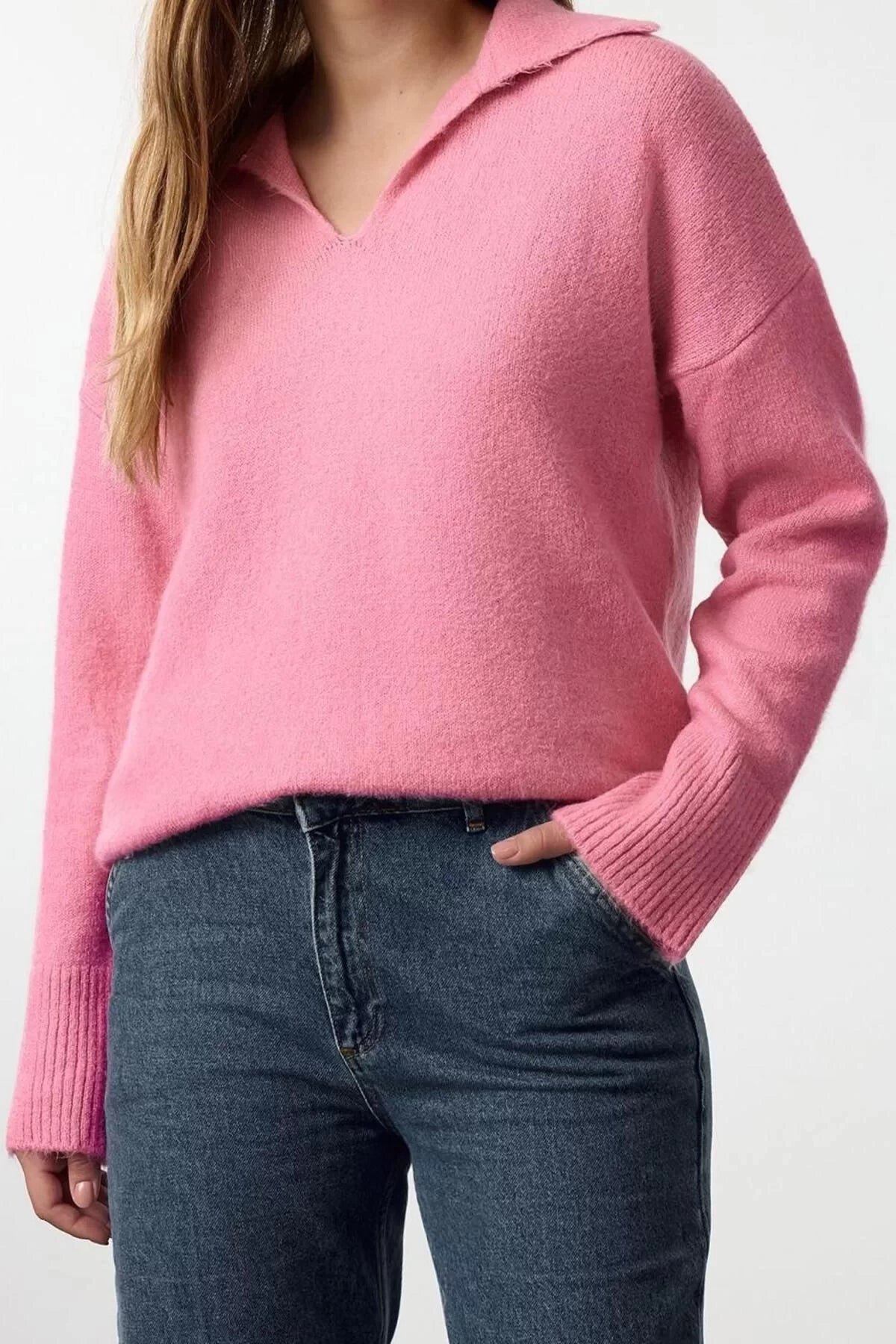 Women Fashion Stylish Polo Neck Low Sleeve Regular Woolen Wide Cut Basic Knitwear Sweater